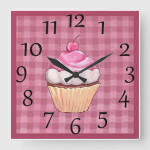 Relógio de Parede de Cupcake de Gingham Rosa Ador