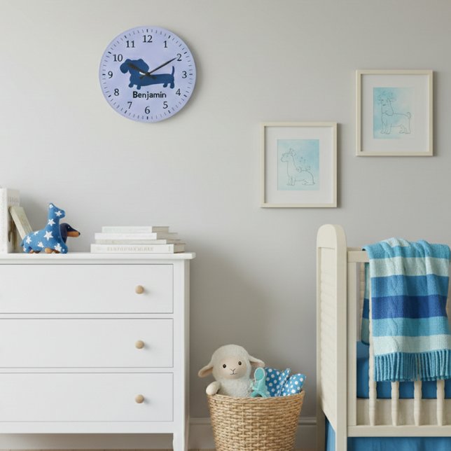 Relógio de Parede de Dachshund para Crianças Azul  (Boys room dachshund wall clock - blue tones)