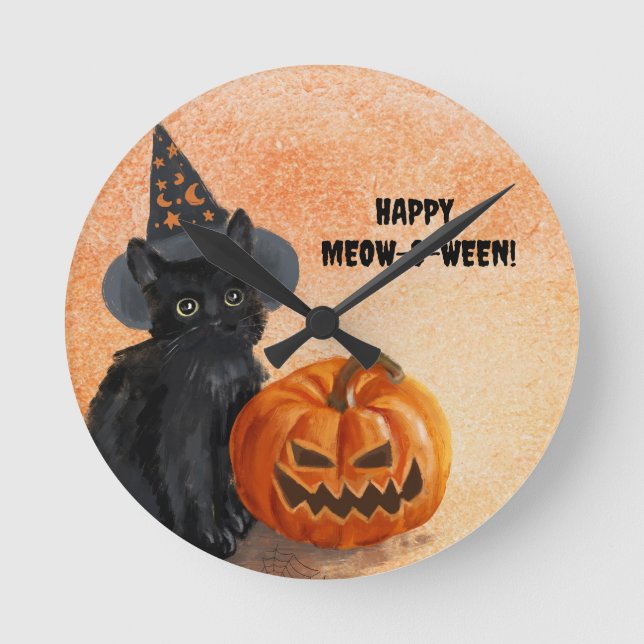 Relógio de Parede de Gato de Halloween Personalizá (Frente)