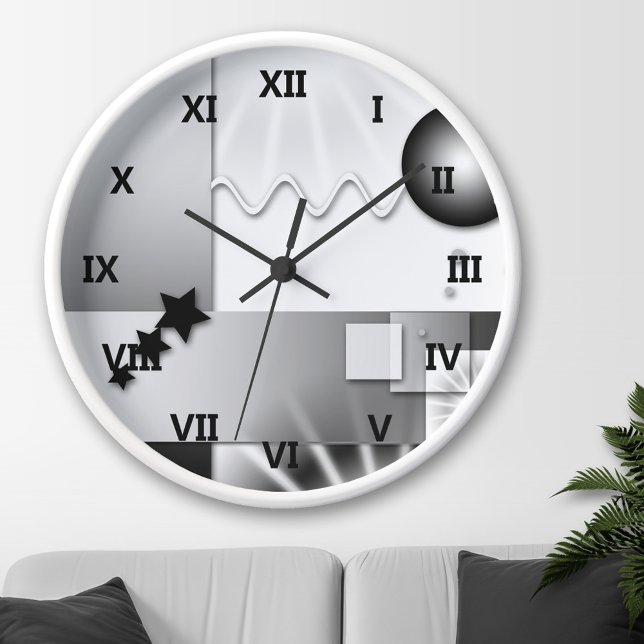 Relógio de Parede do Estilo de Deco de Arte Branca (Wall clock with a playful geometric art deco design in black and white.)