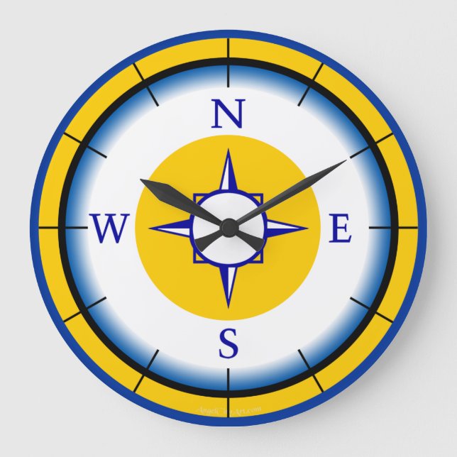 Relógio de Parede Dourado, Branco, Azul de Compass (Frente)