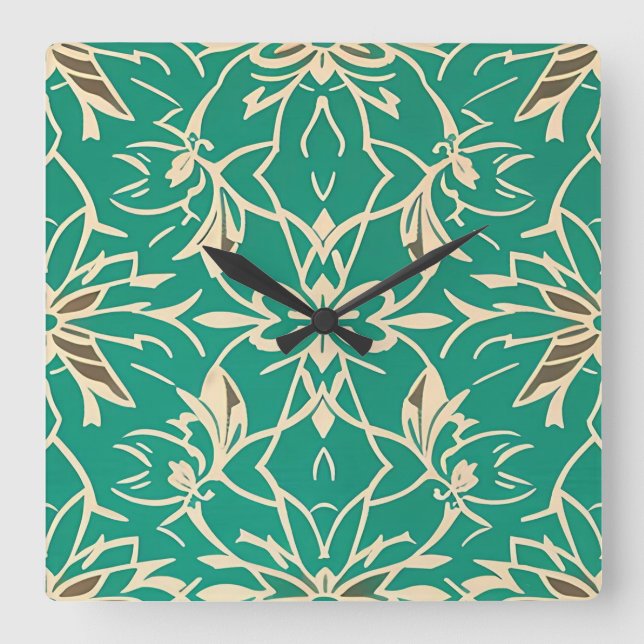 Relógio de Parede Floral Azul Turquesa Art Déco (Frente)