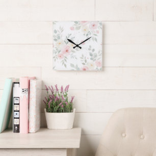 Relógio de Parede Floral com Aquarela - Rosa Paste