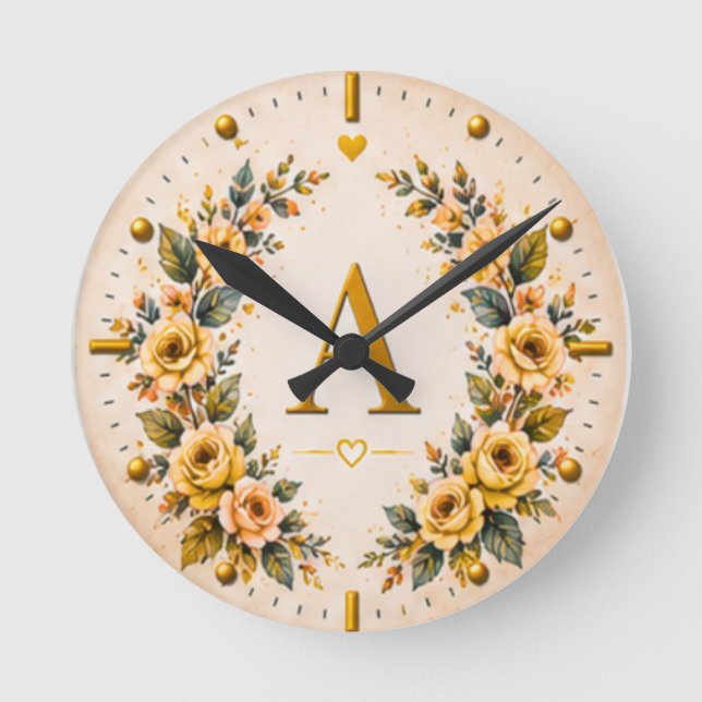 Relógio de Parede Floral com Letra Personalizada A (Frente)