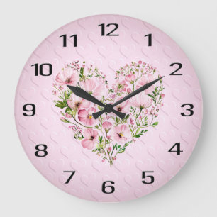 Relógio de Parede Floral de Coração Rosa