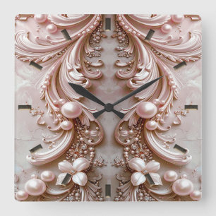 Relógio de Parede Floral e Pérola Ornamentada Rosa