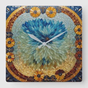 Relógio de Parede Floral Verde Azul Mosaico