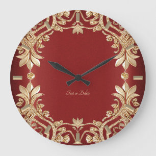 Relógio de Parede Floral Vermelho Dourado Moderno