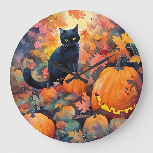 Relógio de Parede Halloween Gato Preto Com Abóbora (Frente)