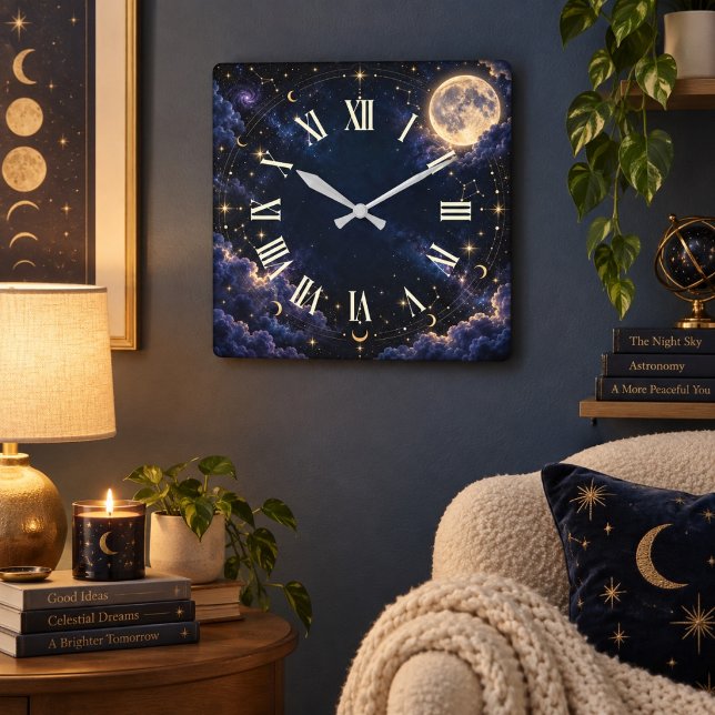Relógio de Parede Lua e Estrelas com Numerais Roma (Celestial Moon and Stars Roman Numeral Square Wall Clock)