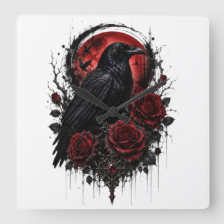 Relógio de Parede Lua Vermelha & Rosas Corvo Gótic