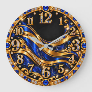 Relógio de Parede Luxuoso Azul e Dourado com Ondas
