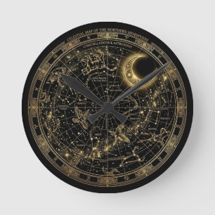 Relógio de Parede Mapa Celeste Constelação Dourada