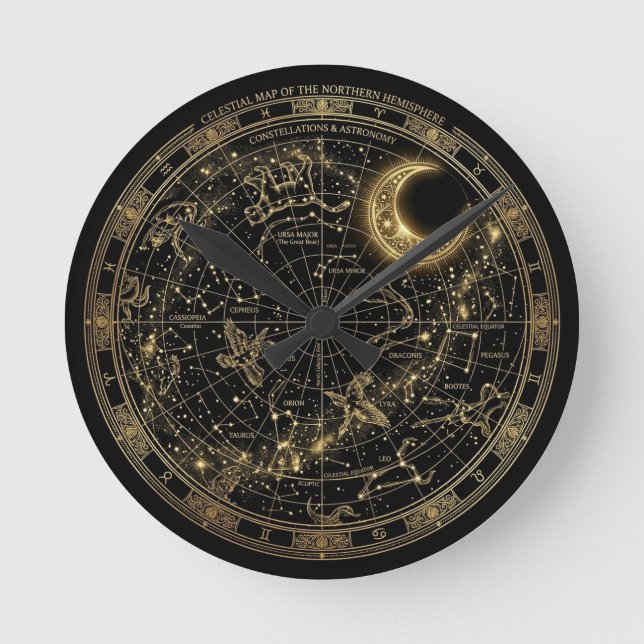 Relógio de Parede Mapa Celeste Constelação Dourada (Frente)