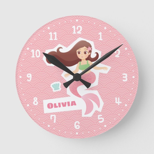 Relógio de Parede Menina Sereia Padrão Onda Rosa (Frente)