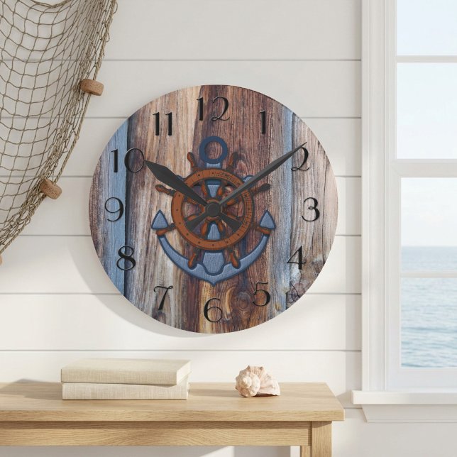 Relógio de Parede Náutica da Ancoragem da Madeira  (Wall clock featuring an anchor on a rustic driftwood background)