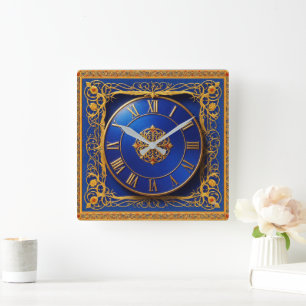 Relógio de Parede Ornamentado Dourado Cobalto Azul