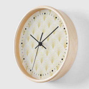 Relógio De Parede Padrão Geométrico Art Deco Em Dourado E Branco