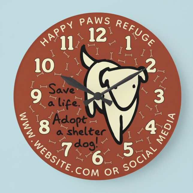 Relógio de Parede Personalizado de Abrigo de Cães (Save a life. Adopt a shelter dog! Pet rescue wall clock.)