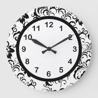 Relógio de Parede Preto Branco Trim Damask Floral 