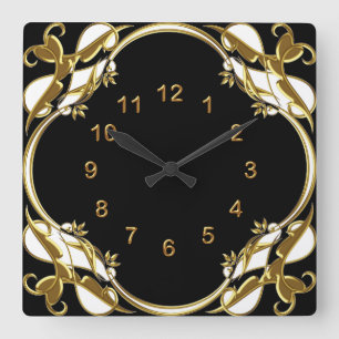 Relógio de Parede Preto Dourado Branco Floral Rede