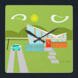 Relógio de Parede Quadrada da Primavera de Palma R<br><div class="desc">Esta Casa de Primaveras de Palma Retroativa com Relógio de Parede da Praça do Carro é um sonho do meio século do amante moderno. O design de arte minimalista apresenta uma elegante casa de laranja e vidro com um teto de forma de marca de seleção drasticamente inclinado. A porta vermelha...</div>