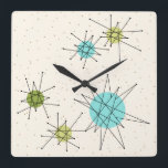 Relógio de Parede Quadrada de Starbursts Atômicos<br><div class="desc">Este padrão Iconic Atomic Starbursts Square Acrylic Wall Clock (grande impressão) apresenta explosões atômicas icônicas de estrelas. Isso mesmo! A antiga escola, um fundo colorido creme com manchas de ouro é o pano de fundo perfeito para a vibrante tartaruga, aipo de salga, e círculos verdes cor de pera de cozinha....</div>
