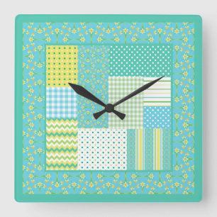 Relógio de Parede Quadrado: Daffodil Faux-Patchwo
