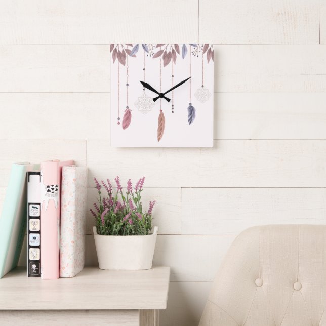Relógio de Parede Quadrado de Acrílico Boho Feathe (Sala de leitura)