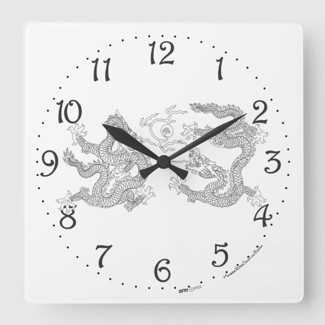 Relógio de Parede Quadrado de Dragão Duplo Chinês (Frente)