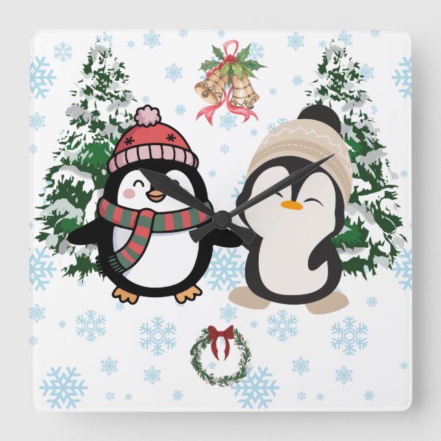 Relógio de Parede Quadrado de Natal com Pinguins F (Frente)