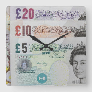 Relógio de Parede Quadrado de Notas de Banco Britâ