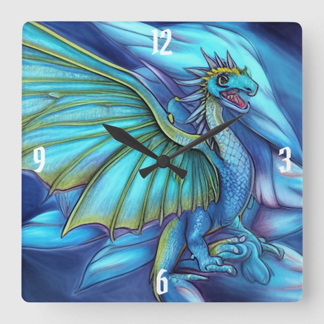 Relógio de Parede Quadrado Dragão Azul e Verde (Frente)