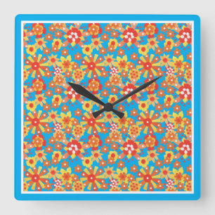 Relógio de Parede Quadrado, Flores Laranja, Borda 