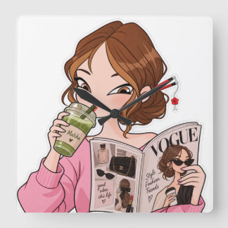 Relógio de Parede Quadrado Moda Matcha Menina Fofa