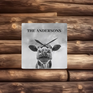 Relógio de Parede Quadrado Nuvens Vaca Espiando Pr