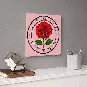 Relógio de Parede Quadrado Rosa Vermelha