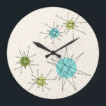 Relógio de Parede Redonda de Starbursts Atômicos I<br><div class="desc">Este padrão Iconic Atomic Starbursts Round Acrylic Wall Clock apresenta explosões atômicas icônicas. Isso mesmo! A antiga escola, um fundo colorido creme com manchas de ouro é o pano de fundo perfeito para a vibrante tartaruga, aipo de salga, e círculos verdes cor de pera de cozinha. As manchas de cor...</div>