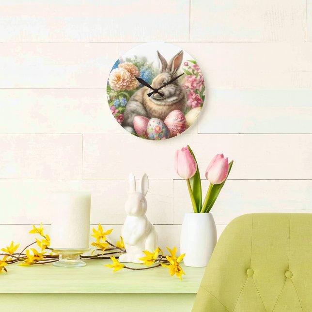 Relógio de Parede Redondo do Coelho de Páscoa Vint (Vintage Easter-themed wall clock featuring a rabbit and colorful eggs.)
