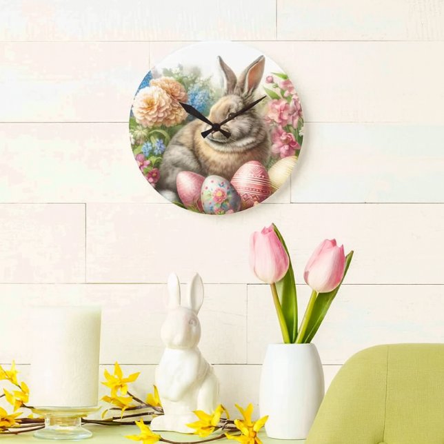 Relógio de Parede Redondo do Coelho de Páscoa Vint (Vintage Easter-themed wall clock featuring a rabbit and colorful eggs.)