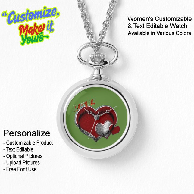 Relógio de pulseira com colar de prata Heart Magic (Women's Heart Magic Silver Necklace Watch Featuring a Green Face.)
