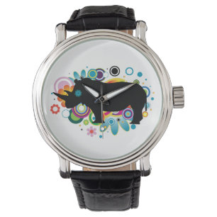 Relógio De Pulso Abstrato Rhino Black Leather Strap Watch