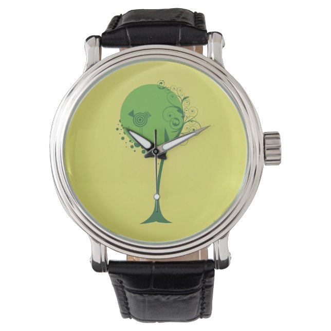Relógio De Pulso Abstrato Tree Black Leather Strap Watch (Frente)