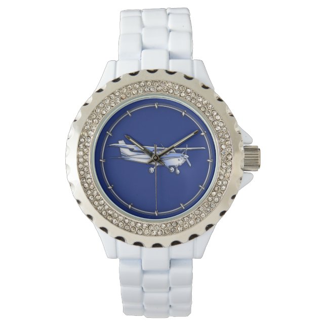 Relógio De Pulso Aeronave Chrome Cessna Silhouette Voando de Azul (Frente)