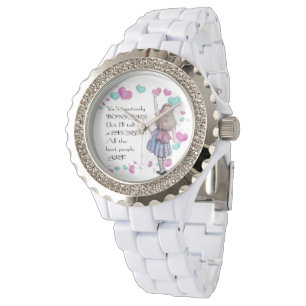 Relógio De Pulso Alice Wonderland, Rhinestone White Enamel