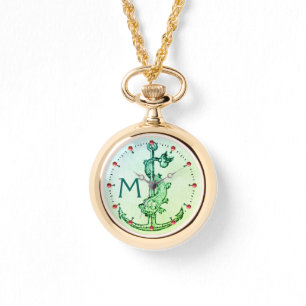Relógio De Pulso ANCORADOR VERDE COM Gemas cor-de-rosa MONOGRAMAS N