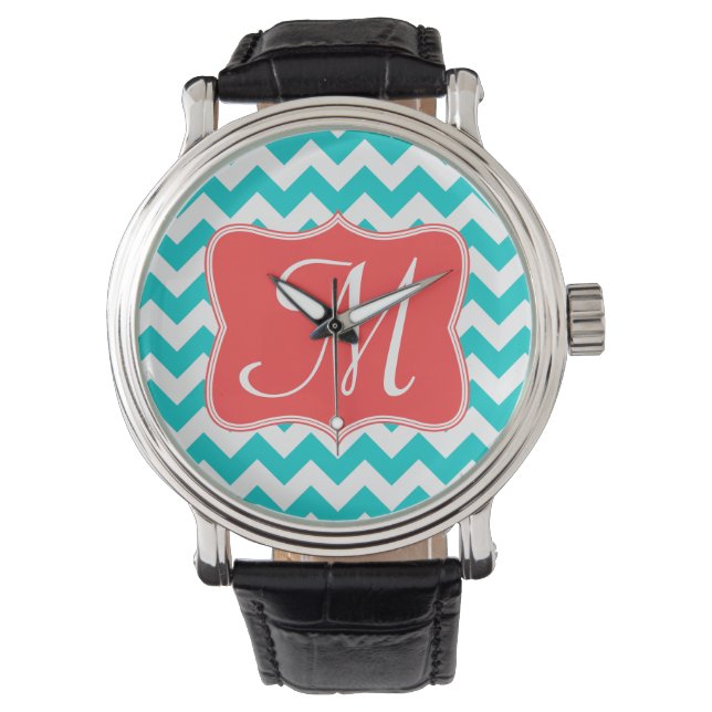 Relógio De Pulso Aqua Coral Moderna Chevron Zig Zag Strik Watch (Frente)