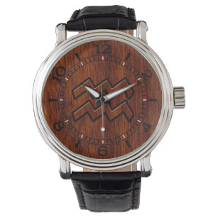 Relógio De Pulso Aquarius Zodiac Sinal Mahogany Wood Style Dial