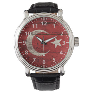 Relógio De Pulso Bandeira de Turquia na grão de madeira velha