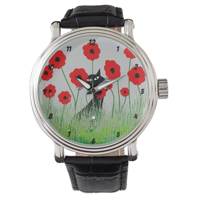 Relógio De Pulso Black Cat and Poppies Watch (Frente)
